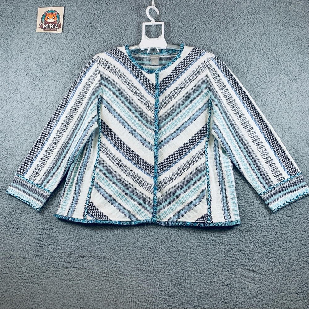 Chico's Sweater Jacket Women's 3‎ Long Sleeve Snap Fringe Trim Cotton Multicolor